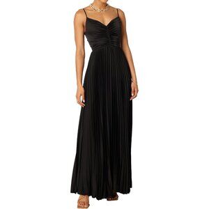 Women's A-black Polyester Pleated Adjustable Spaghetti Strap Maxi Dress